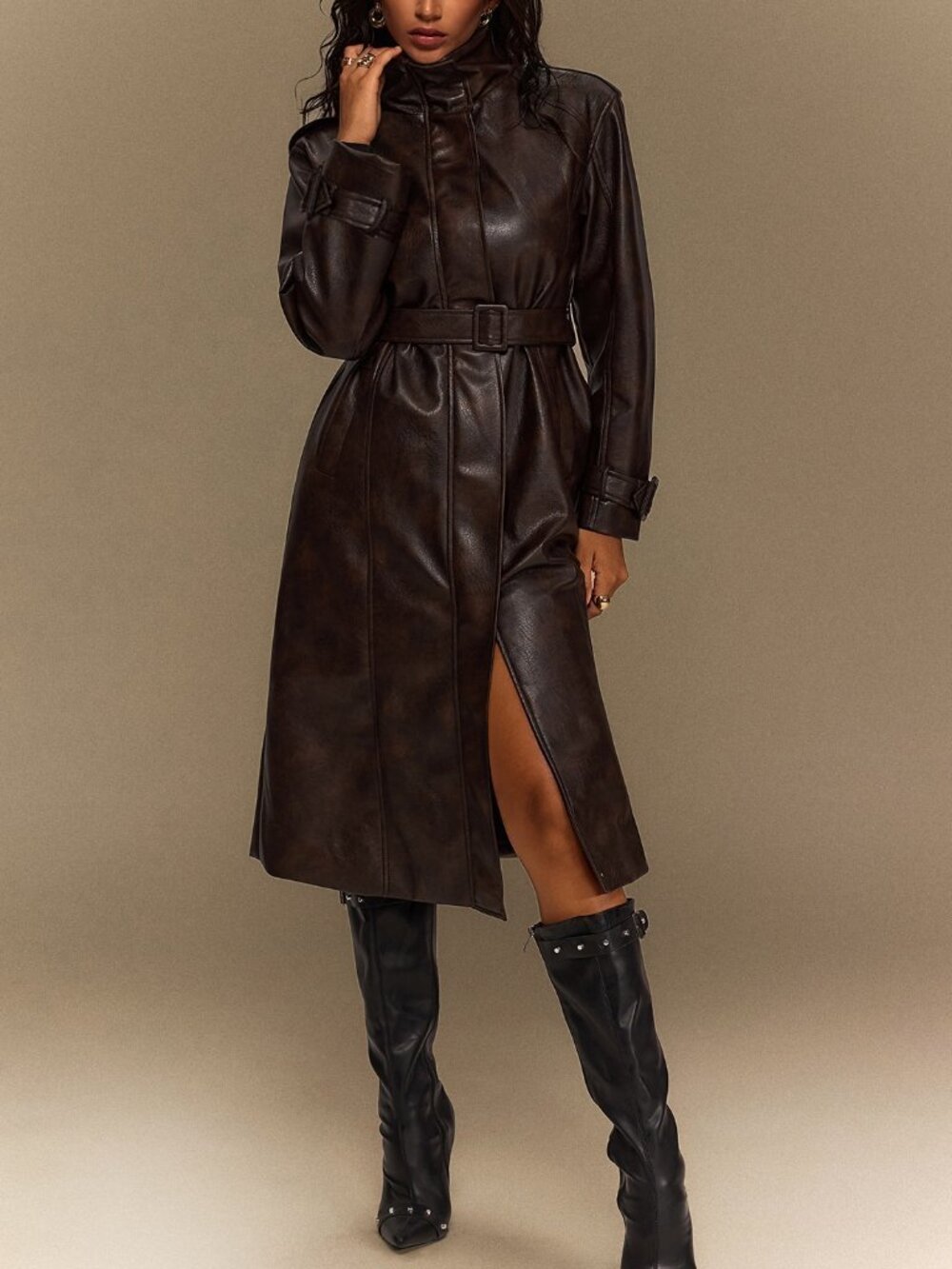 Brown Elegant Women's Loose Funnel Neck Zipper Faux Leather Trench Coat